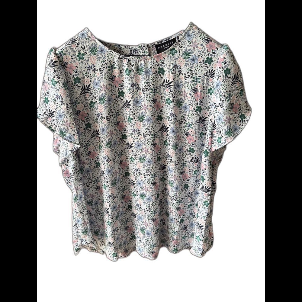 PREMISE WOMAN Casual Comfort Women's 2x White Floral Scoop Neck Short Sleeve Top